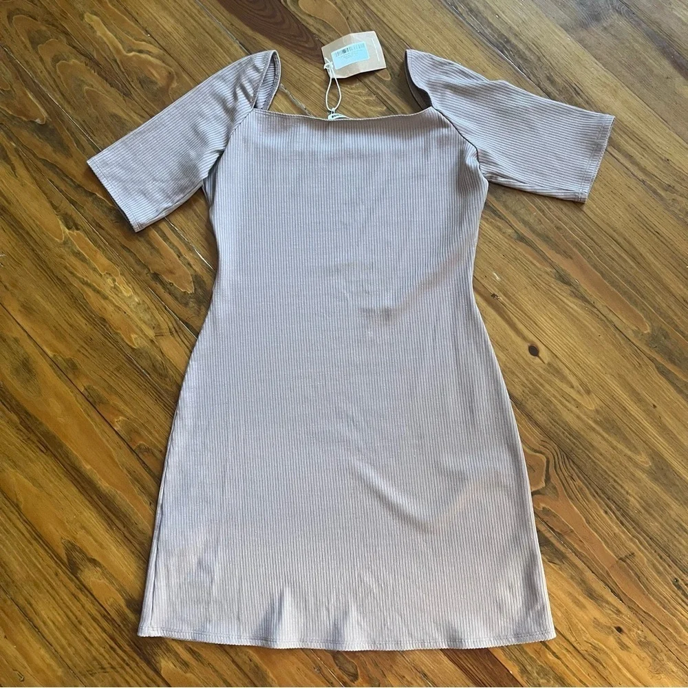 Reformation NEW Tan Sarita Dress Knit Ribbed Square Neck L Mini‎ Dress Bodycon